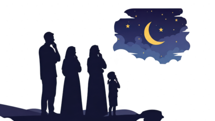 Family silhouette gazing at starry night sky with crescent moon, isolated on transparent background