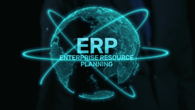 ERP platform visual showing centralized system for enterprise resource planning, improving integration, data flow, business efficiency, finance, inventory, and human resources. Elide