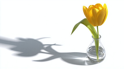 A vibrant yellow tulip blooming gracefully in a clear glass vase, with its shadow cast upon the surface