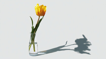 A delicate yellow tulip gracefully poised in a small glass vase, casting a distinct shadow