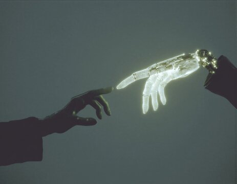 Dos manos extendidas, una iluminada y la otra en sombra, simbolizando la creaci&oacute;n y la conexi&oacute;n.