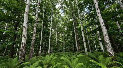 Tall birch trees and green ferns in dense forest