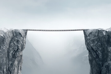 A conceptual wide-angle image of a bridge connecting two massive rocks across a vast chasm, depicting decline and loneliness.