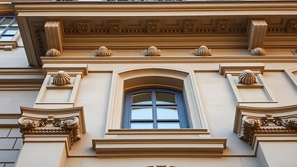 Naklejka premium entablature. Classical architecture cornice featuring conical guttae details under soft window light. real-estate listings.
