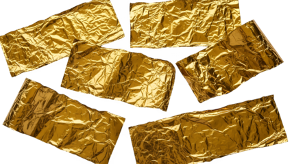 Six crumpled gold foil sheets isolated on transparent background arranged circular pattern metallic texture shining luxury concept