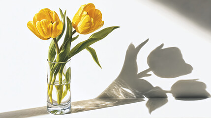 Two vibrant yellow tulips in a glass vase casting a shadow