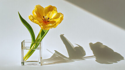 A vibrant yellow tulip in a modern glass vase casting a striking shadow. The composition evokes simplicity and elegance