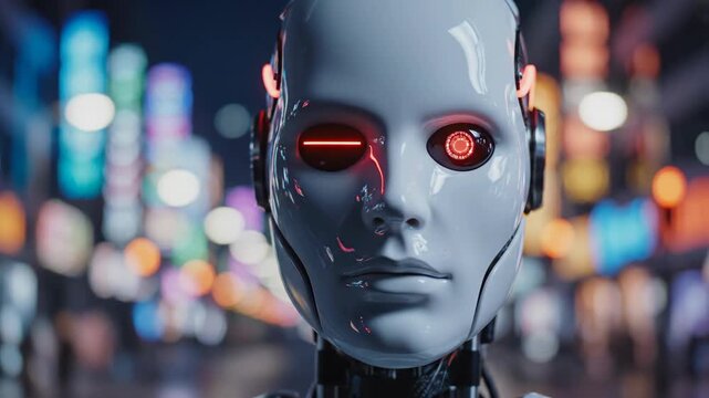 Female android turning to face camera with red eyes activating in neon cyberpunk city night. Sci-fi robotic closeup showing futuristic awakening and technology emergence.