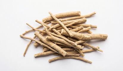 Dried Ashwagandha Roots on White Background &ndash; Ayurvedic Herbal Medicine Concept