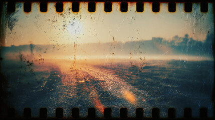 An early morning shot, sunrise casts a soft glow on a hazy field, captured in a film frame, giving it a nostalgic feel