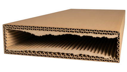 Open cardboard box with corrugated interior isolated on transparent background angled view packaging material structure