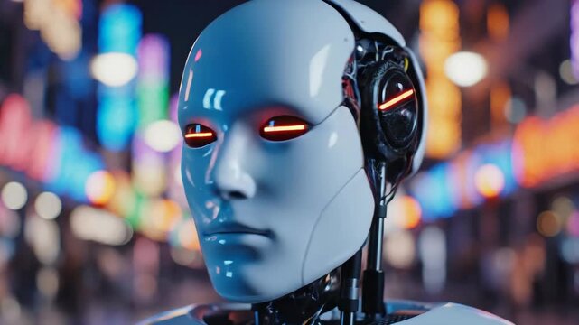 Female android head turning in cinematic extreme closeup. Robot profile to front view in neon-lit cyberpunk city. Futuristic sci-fi portrait with glowing red eyes and mechanical details.