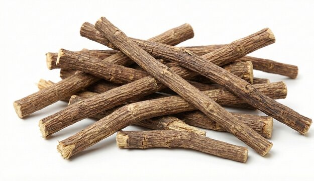 Dried Liquorice Root Sticks Isolated on White Background &ndash; Natural Herbal Ingredient