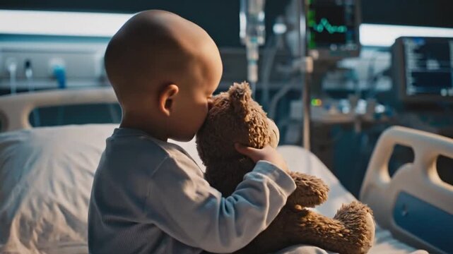 A young bald child in a hospital bed hugs a teddy bear tightly, conveying hope and strength while battling cancer with a calm and gentle mood.