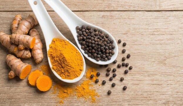 Turmeric and Black Pepper with Fresh Roots and Ground Spices on Wooden Background