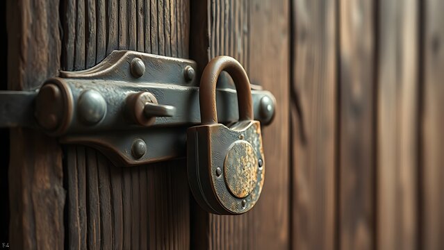 plurality. Rusted iron hasp and padlock secured to an old wooden warehouse door. real-estate listings, architecture portfolios, designed for real-estate listing and luxury residence showcases.
