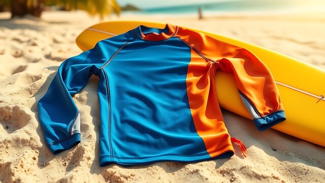 rashguard. A vibrant colored rashguard laid flat on a sandy beach with a surfboard. event key visuals, club posters, designed for fitness apps and gym onboarding, used by fitness trainers.