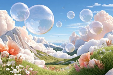 Naklejka premium Dreamy bubble landscape with floating spheres over meadow, mountains, and pastel clouds