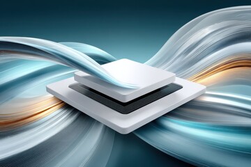 Futuristic white microchip with open cover floating amid flowing light trails, symbolizing advanced technology and innovation