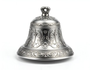 Ornate silver bell with detailed floral patterns and a decorative crown handle