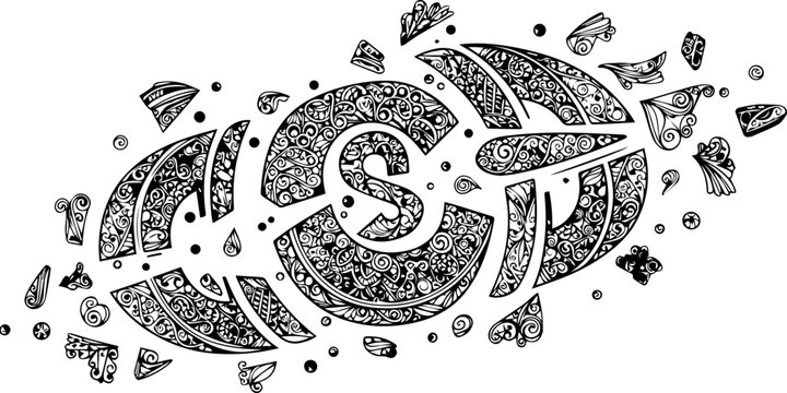 Abstract Zentangle Lettering Illustration with Ornate Floral Patterns and Doodled Elements on White Background