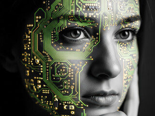 Close-up portrait of a woman's face with a digital circuit board overlay
