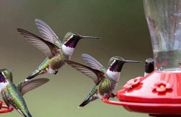 Tres colibríes se abalanzan sobre un comedero rojo, capturando la luz del sol.
