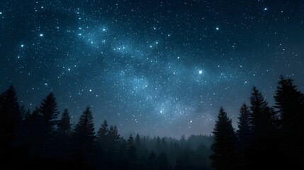 Fototapeta premium Expansive view of a brilliant starry night sky showcasing the Milky Way galaxy over a dark silhouetted forest evoking a sense of peace and wonder