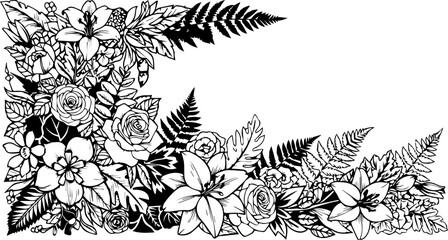 Detailed hand-drawn floral corner illustration featuring roses, lilies, and fern leaves in black and white line art © Muhammad
