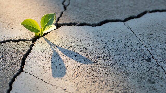 Little green sprout growing through concrete crack with sunlight, symbolizing hope and resilience