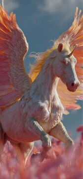 Un majestuoso pegaso blanco con crines doradas galopa a trav&eacute;s de un campo de flores rosadas bajo un cielo azul suave.