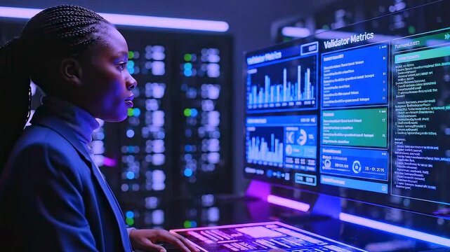 black woman monitoring multimonitor security dashboards in server room realtime analytics, neon lighting, touchscreen console, braided hair, focused operator preventing threat