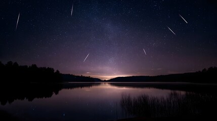 A meteor shower streaks across a star filled night sky reflected in a tranquil lake
