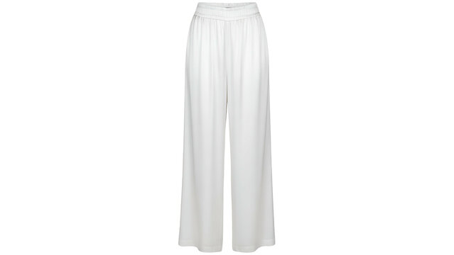 Isolated, front-facing image of white, flowy palazzo pants with an elastic waistband