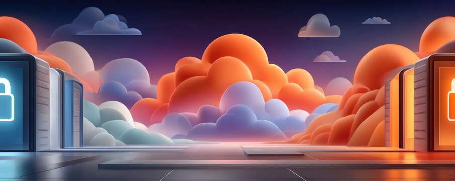 Glowing data center with blue and purple neon lights and cloud-like background, a futuristic server environment - Powered by Adobe