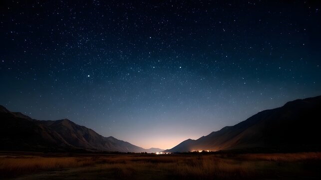 A vast starry night sky looms over a serene mountain valley with distant lights glowing on the horizon - Powered by Adobe