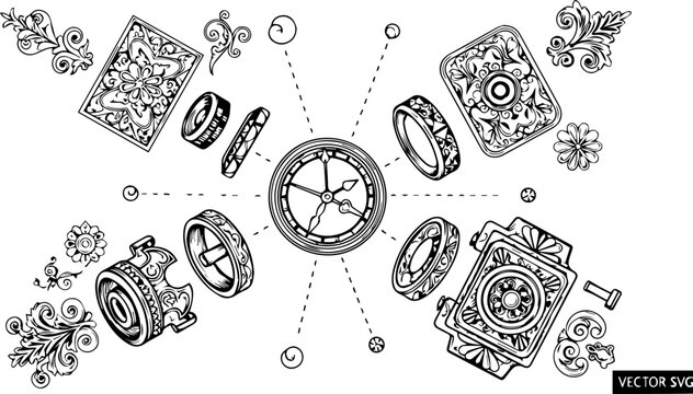 Detailed Exploded View of a Vintage Ornate Clock Mechanism, Steampunk Style Technical Illustration