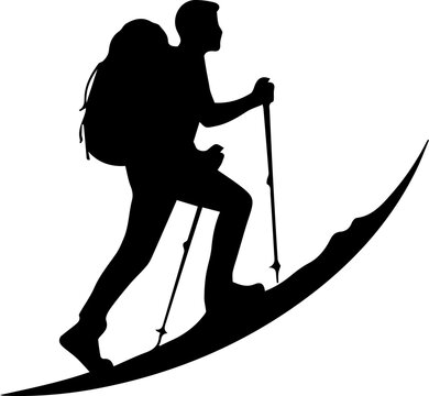 Hiking and mountaineering logo featuring a silhouette of a trekker climbing mountains, outdoor adventure emblem
