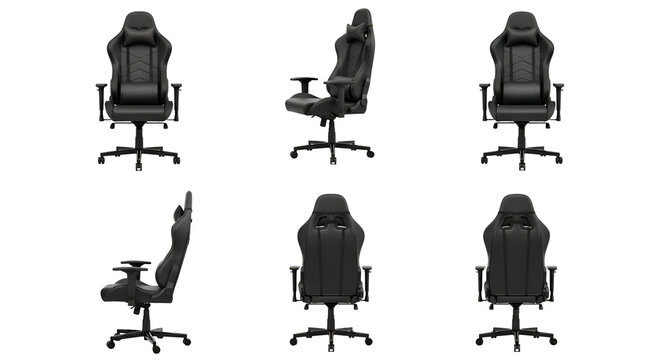 Multiple Views Of A Black Gaming Chair Isolated On Transparent Background With Various Angles Showcasing Design And Features