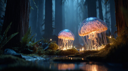 Enchanting bioluminescent jellyfish gracefully floating in a mystical forest, creating a dreamlike atmosphere. Their ethereal glow illuminates the tranquil landscape