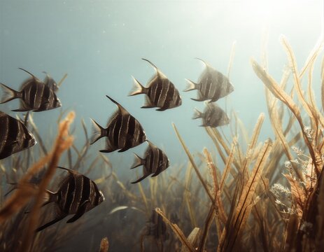 Un grupo de peces &aacute;ngel nadan en un bosque de algas marinas, creando una escena hipn&oacute;tica y misteriosa.