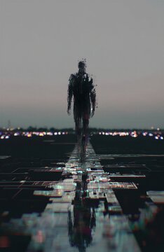 Una figura humana pixelada camina por una superficie reflectante bajo un cielo crepuscular.