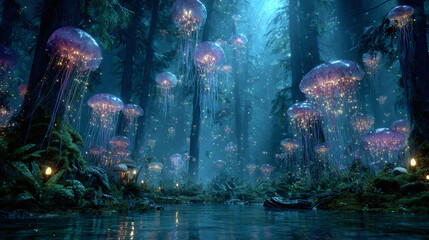 Mystical forest scene with ethereal glowing jellyfish-like objects in a dreamscape