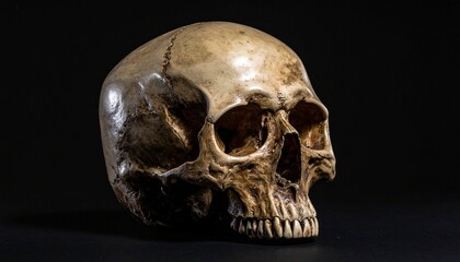 Obraz premium Human skull angled to the right with detailed cranium, eye sockets, nasal cavity, and teeth highlighted against dark background.