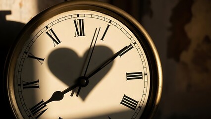 Vintage clock with heart-shaped shadow marking romantic valentine's day time concept