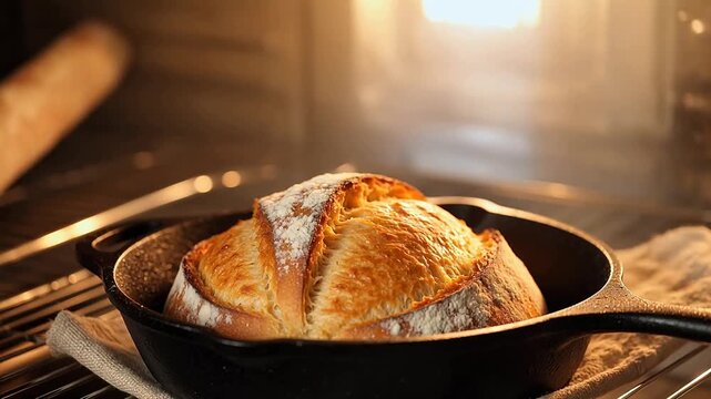 Freshly baked bread in cast iron skillet