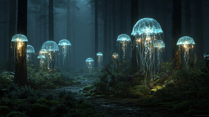 A mesmerizing forest scene, illuminated by ethereal, glowing jellyfish-like entities 