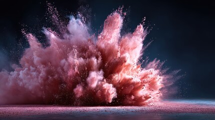 Explosions of pink powder fill the air in a dynamic display at an indoor event during nighttime