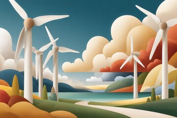 Vibrant wind turbines in a colorful landscape with hills, clouds, and a calm lake at dusk