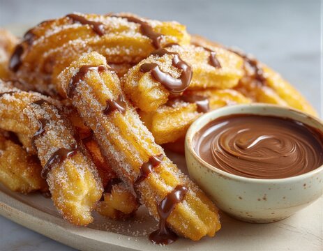 Un primer plano de unos churros reci&eacute;n hechos, ba&ntilde;ados en chocolate espeso y espolvoreados con az&uacute;car glas, presentados sobre una tabla de madera r&uacute;stica.
